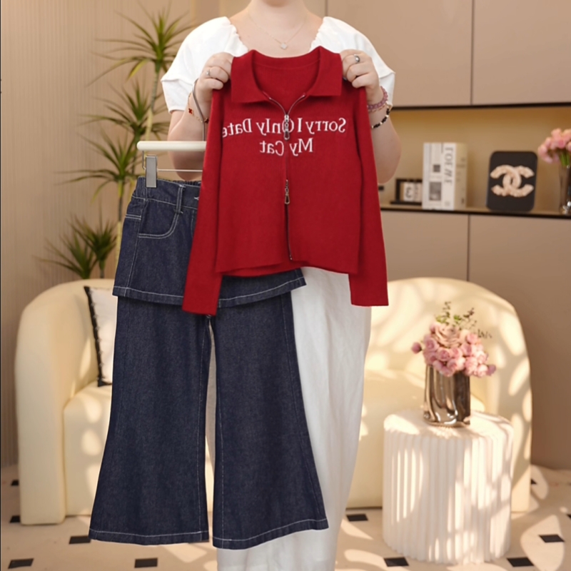 【糖宝魔豆】女童早秋装2025新款秋季洋气女孩毛衣外套+牛仔裤套装