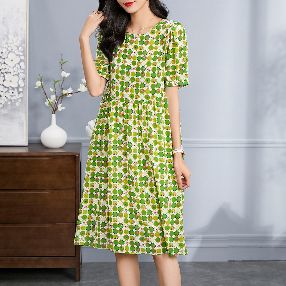 马洛克《雯雯心选》简约圆领绿色印花真丝连衣裙74142