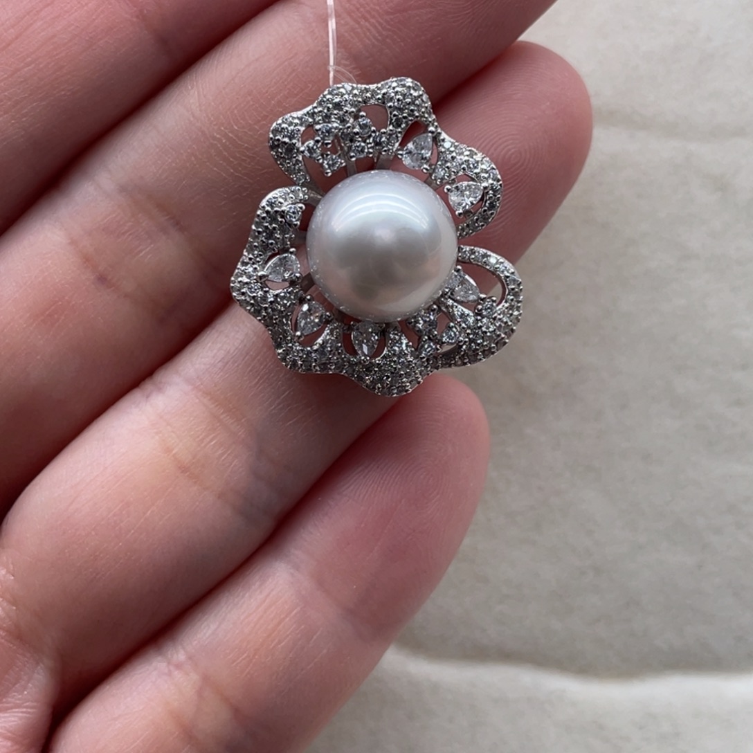 海水珍珠项链银S925镶嵌11-12mm