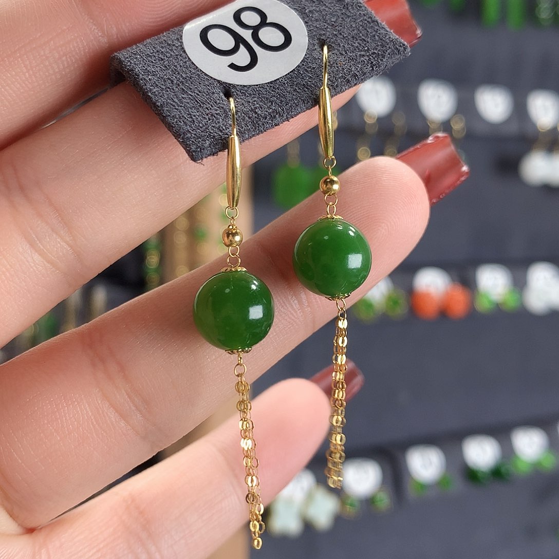 和田玉耳饰18K金镶嵌98