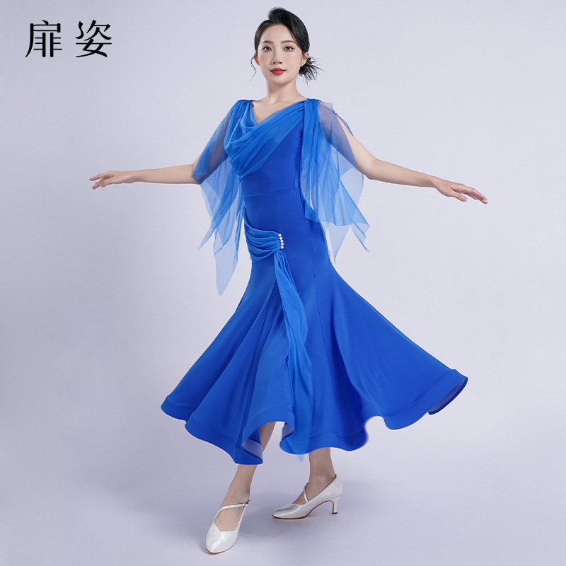 扉姿 新款摩登舞连衣裙飘逸短袖交谊舞裙华尔兹表演服大摆裙F3040