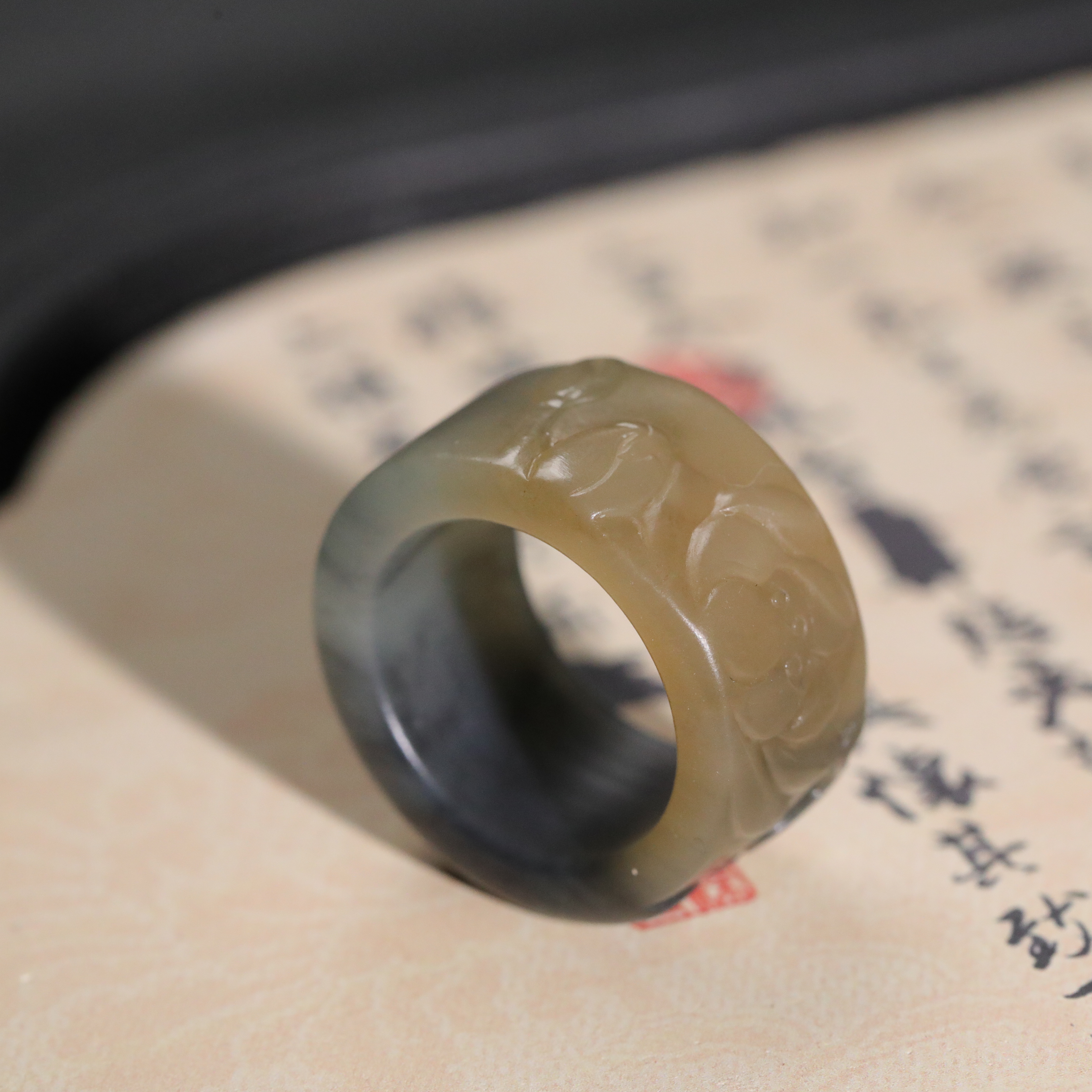 【墨莲】天然和田玉青花糖三色直切戒指荷花莲叶油润古典雅致典雅