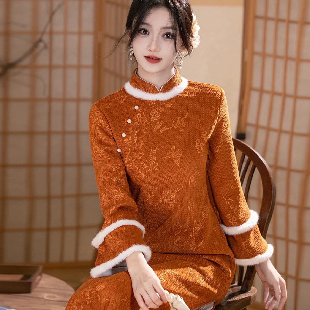 【2994 落日星河 爆款南瓜色】（加绒加厚）修身复古旗袍