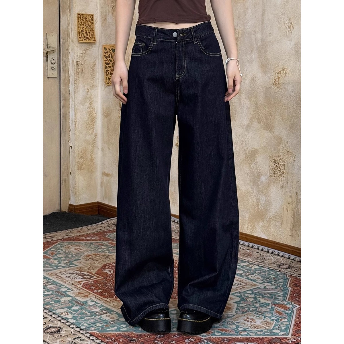 VintageTang深蓝原色宽松阔腿牛仔裤女显瘦小个子直筒裤吉呐F0314