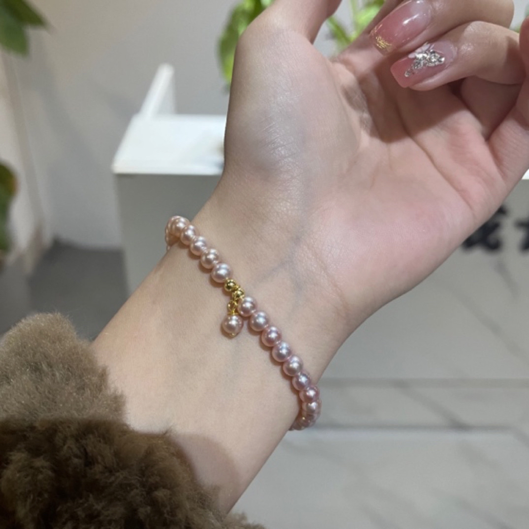 【稀有色】18K金5-6升级版7a+冰莓粉粉紫色珍珠滴流弹力绳欧若风