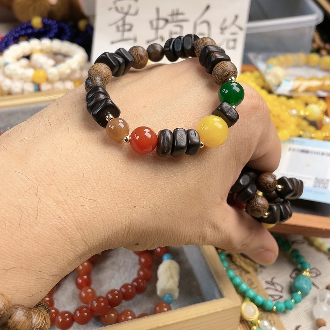 檀香木手串银S925镀金镶嵌