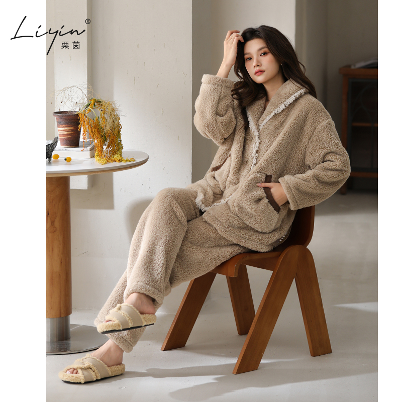 栗茵原创冬季舒棉绒女士睡衣韩系加厚保暖可外穿珊瑚绒家居服套装