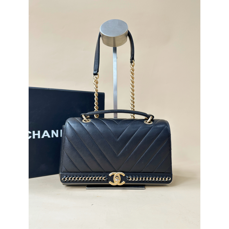 95新 Chanel/香奈儿 98新黑金编织链条手提斜挎23cm|S45187790