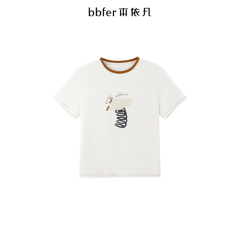 本依凡春款女士短袖T恤WYSTX0469圆领减龄印花大H版棉质上衣