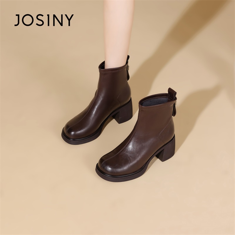 卓诗尼黑色厚底增高短靴女2025冬方头中跟复古软底百搭561A60214