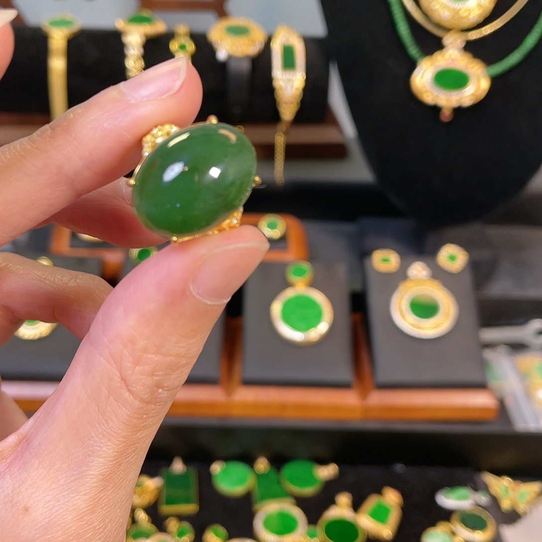 和田玉（碧玉）戒指银S925镀金镶嵌
