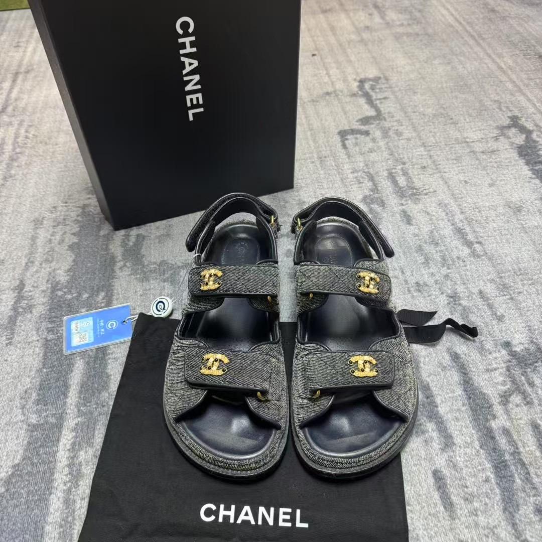 98新/Chanel/香奈儿/葡萄籽奢潮/丝绒珍珠标魔术贴凉鞋/36.5码