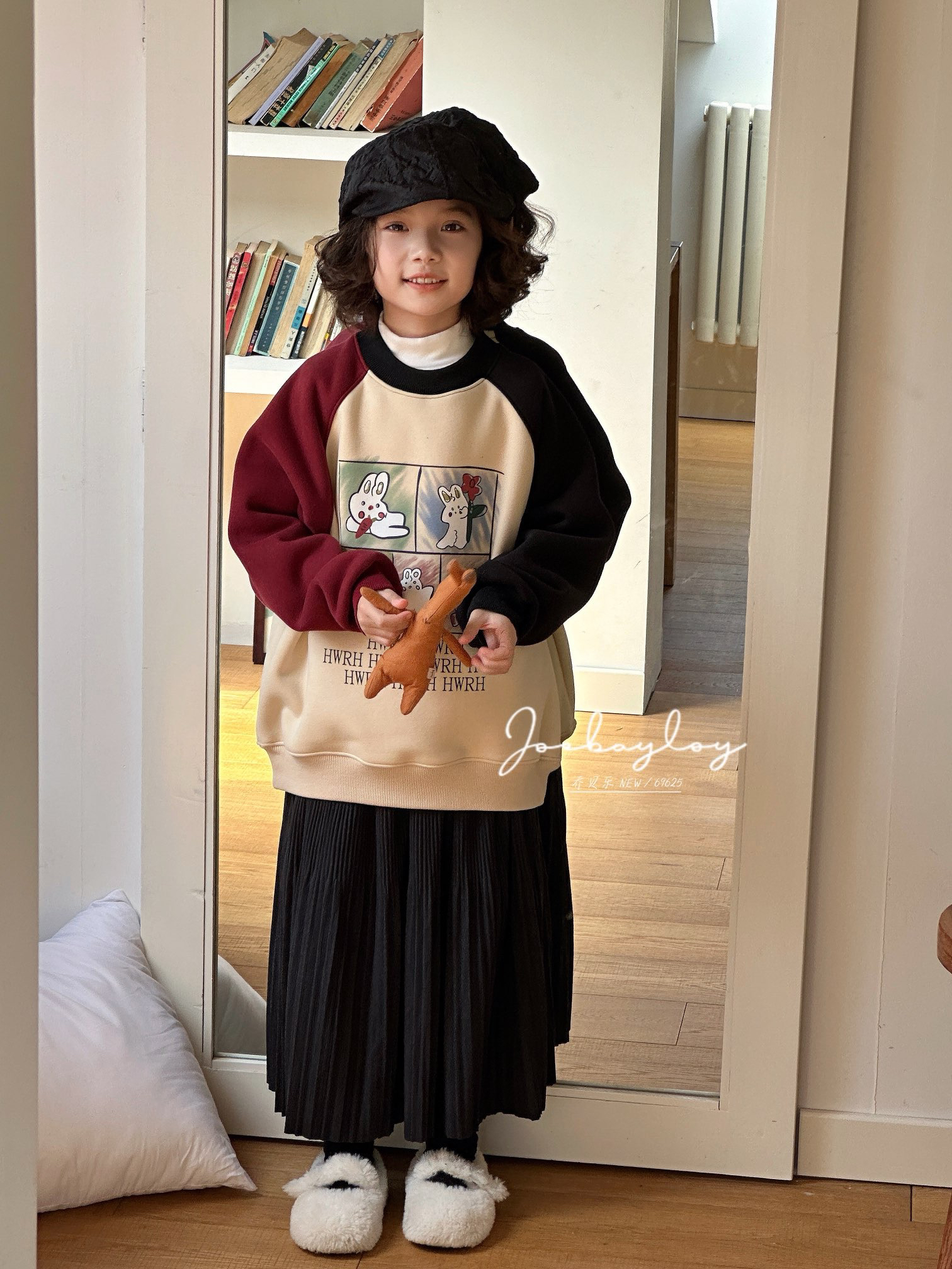 乔家品牌童装69625 女童加绒卫衣拼接一体奥利绒儿童长袖圆领套头