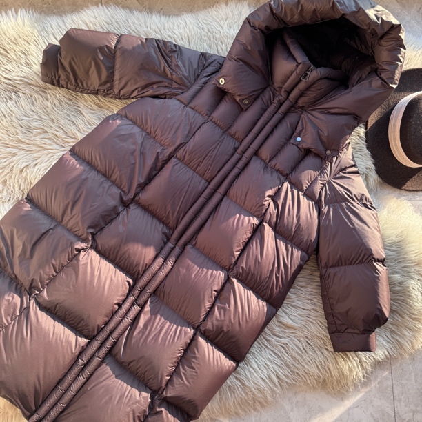 女士长款连帽咖啡色鹅绒服羽绒舒适保暖气质高级泡芙软面厚款外套