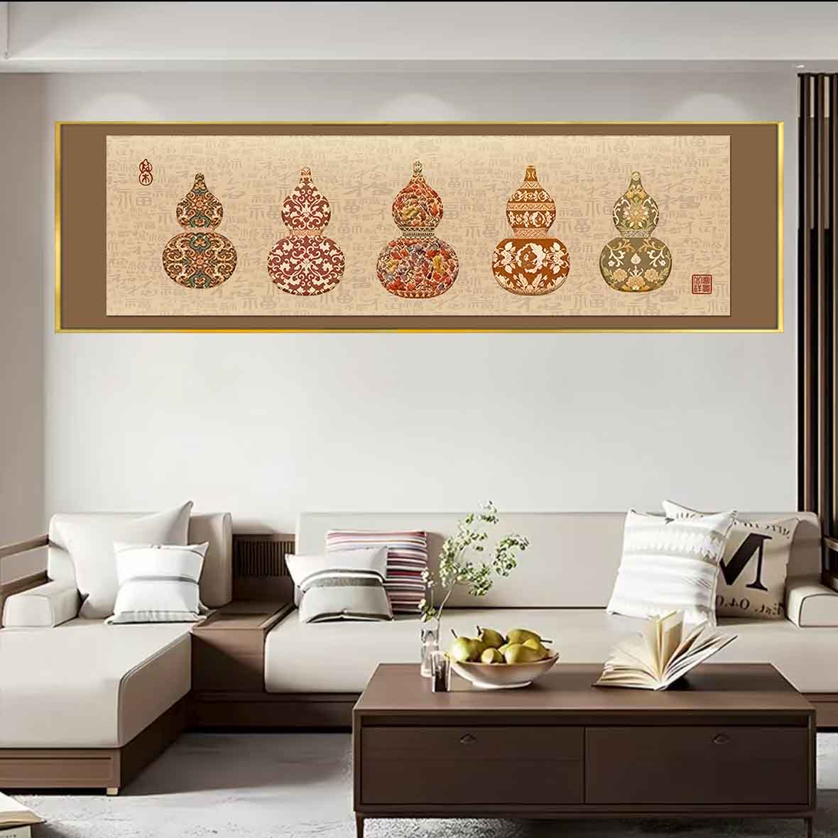 新中式网红时尚五福临门客厅装饰画大气横版沙发背景墙壁挂画A26
