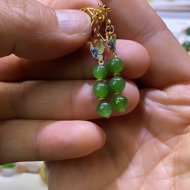 和田玉银S925镀金镶嵌耳饰