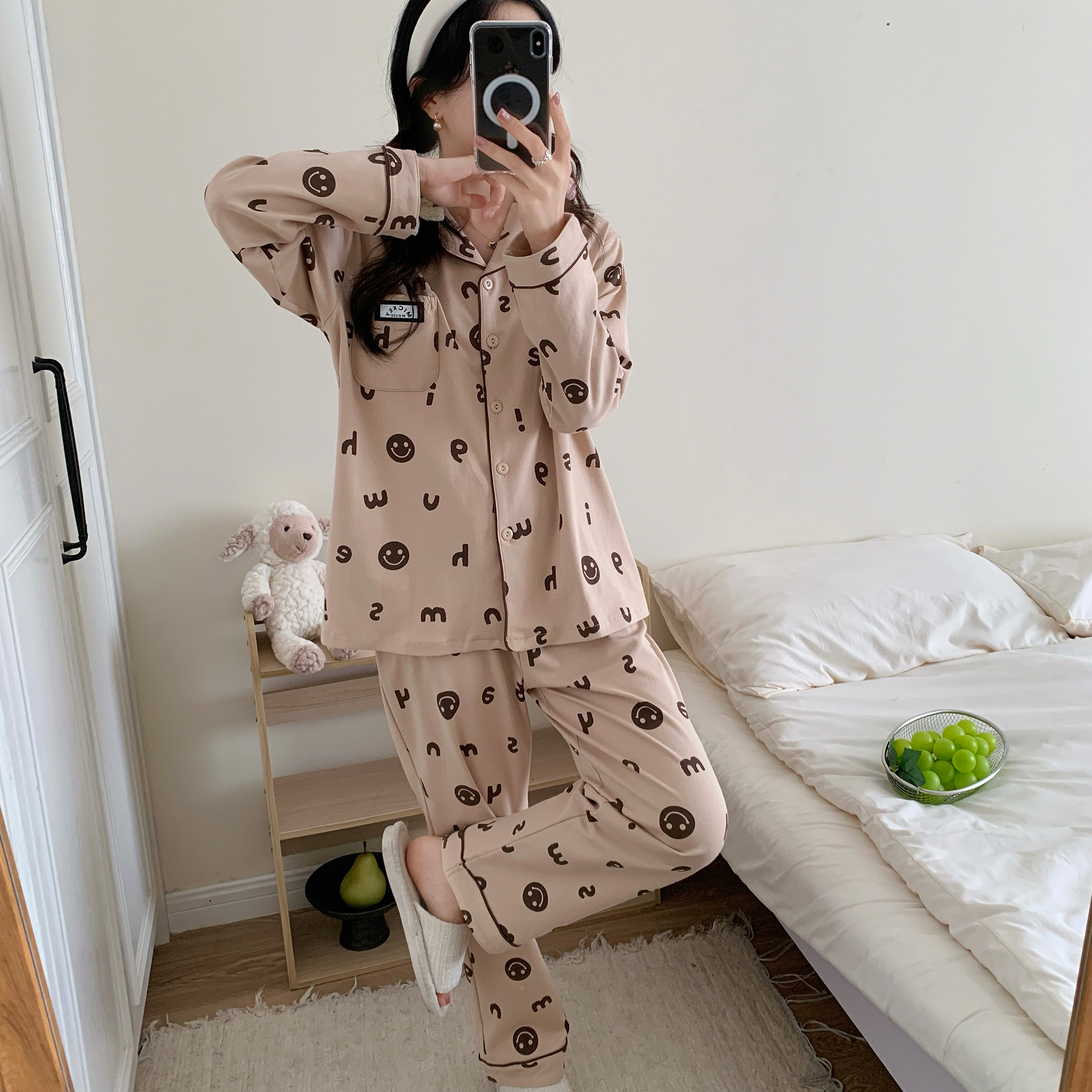 超柔软纯棉睡衣女春秋新款抗菌舒眠时尚ins风笑脸家居服长袖套装