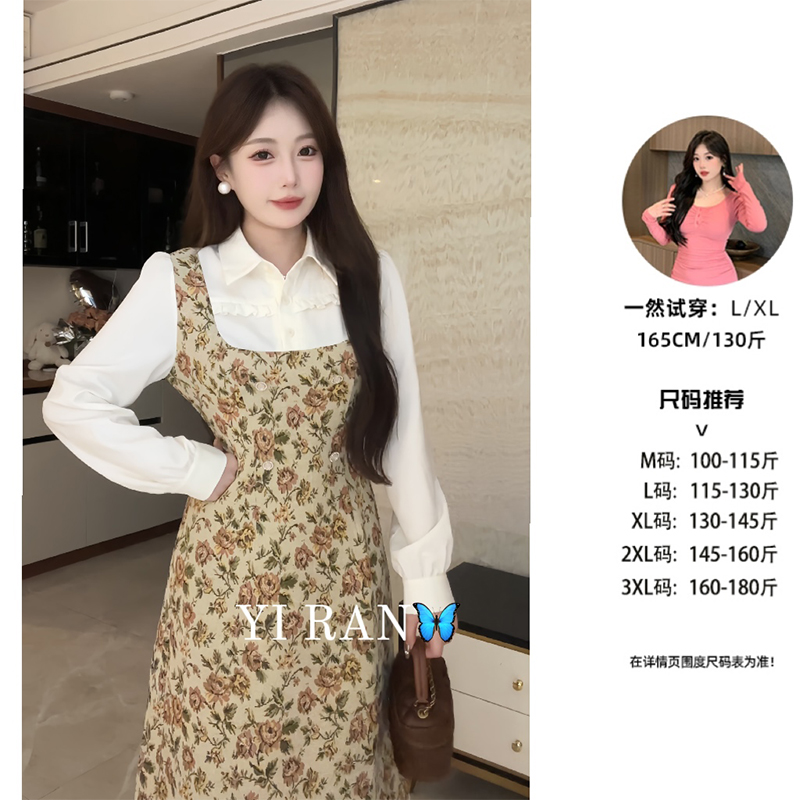 【现货】微胖复古提花假两件连衣裙衬衫碎花裙子9999