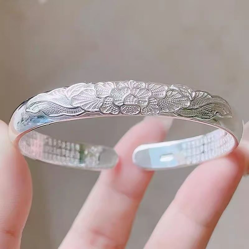 万足银牡丹花丝心经开口手镯  020货号