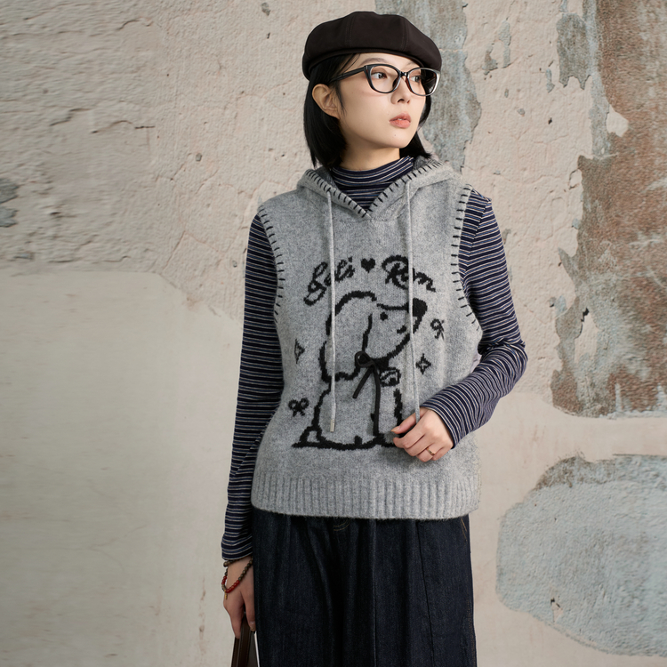 西町村屋韩系无袖马甲2025冬新款小狗提花连帽套头背心XAAD10549