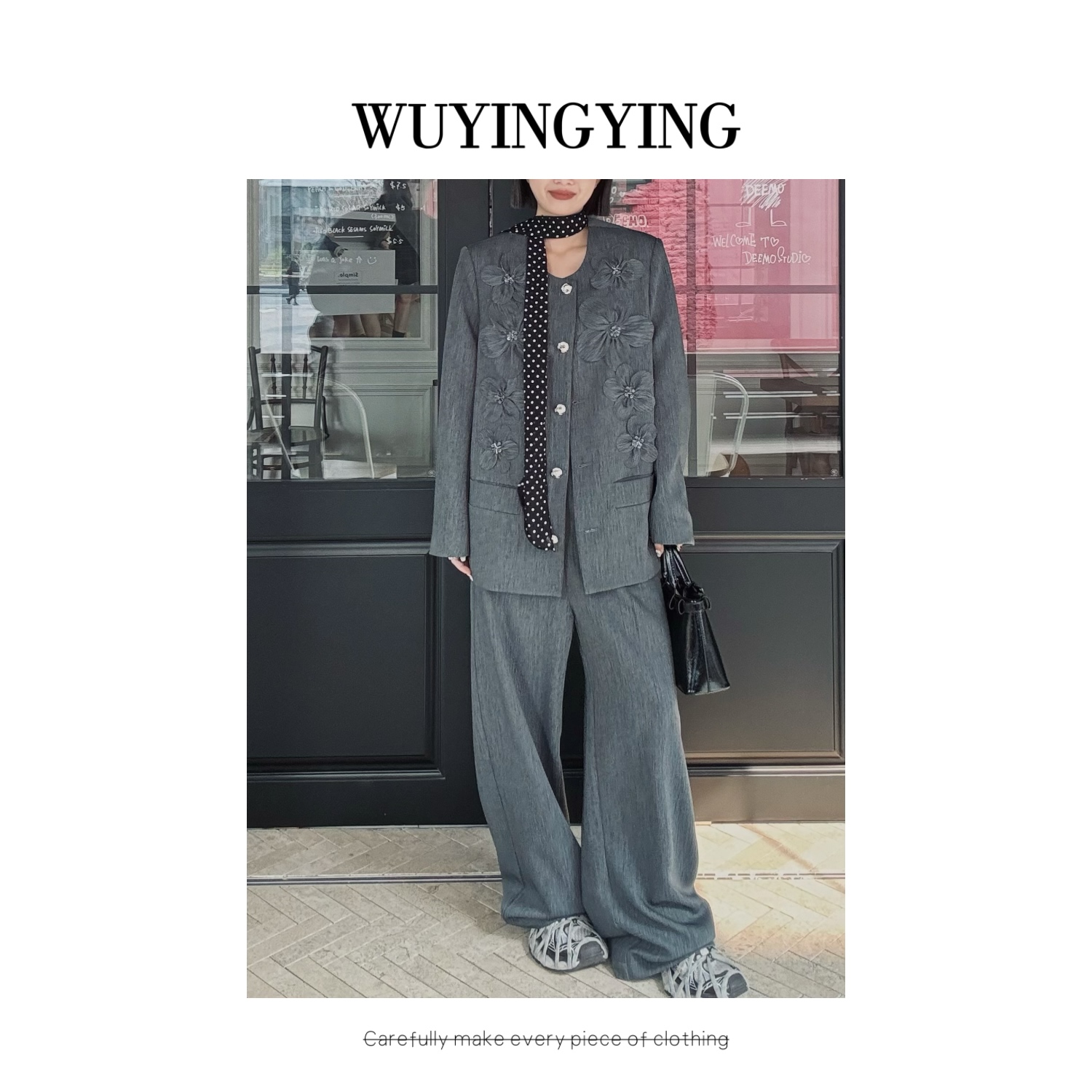  WUYINGYING【魅力职场】欧货高品小众设计款花朵西装+阔腿裤两件套