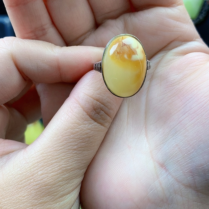 琥珀裸石银S925镶嵌戒指