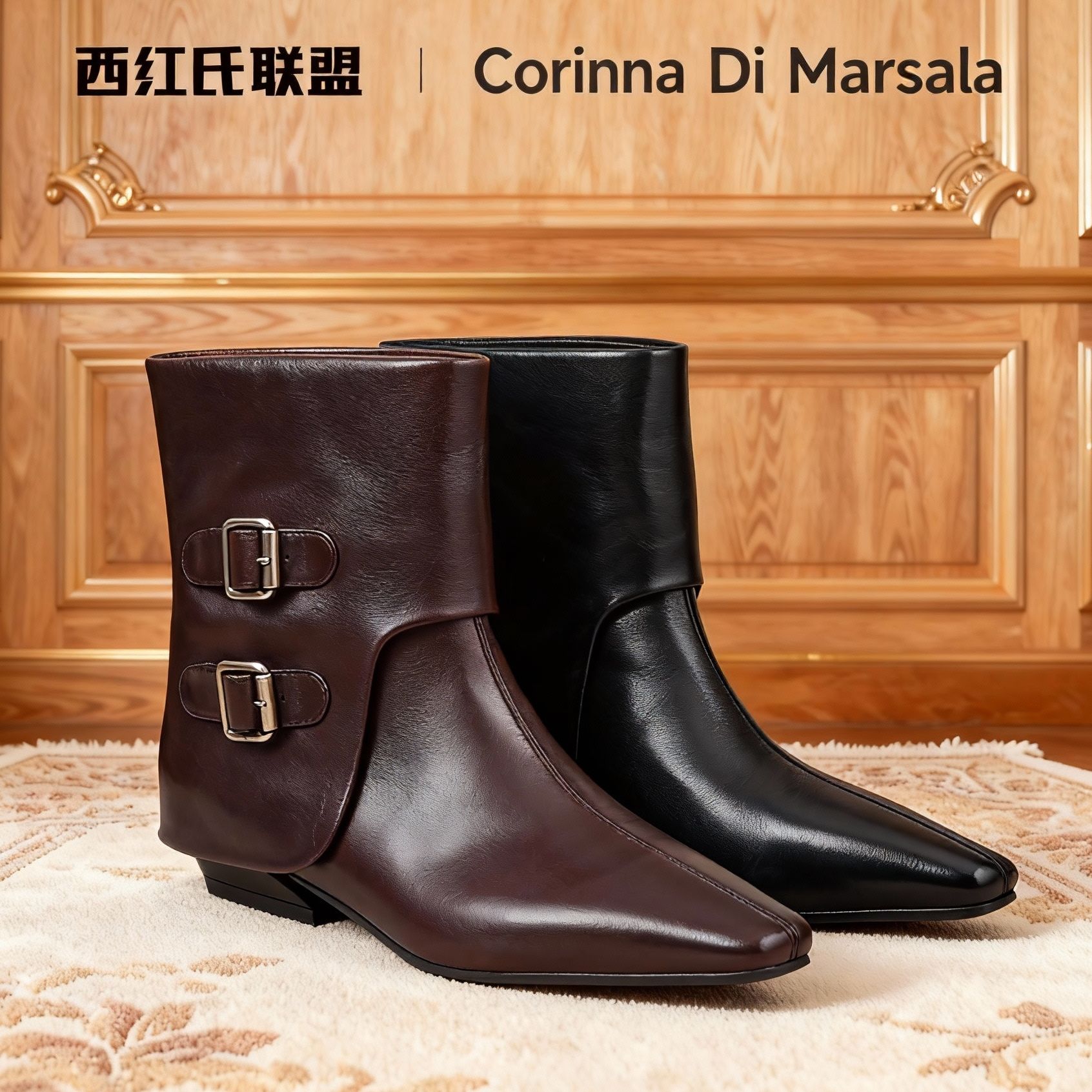 XY-25秋冬英伦风粗跟小羊皮加绒方头切尔西靴女