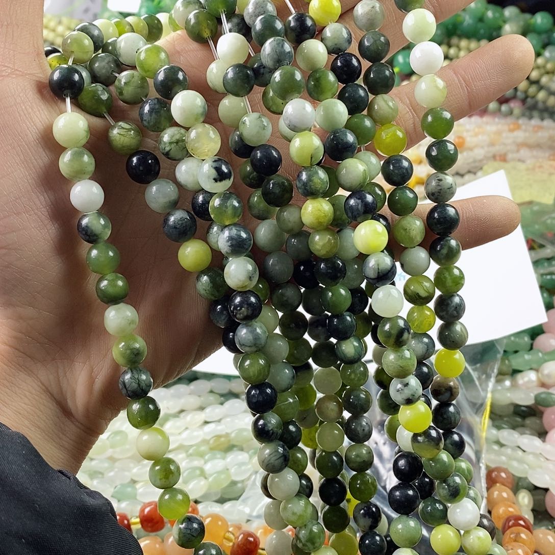 玛瑙/玉髓珠宝半成品合金一条天然8.3mm黑岫玉圆珠E240