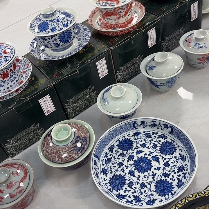 ****哥瓷片青花缠枝莲大胡乘➕三才元宝盖碗景德镇