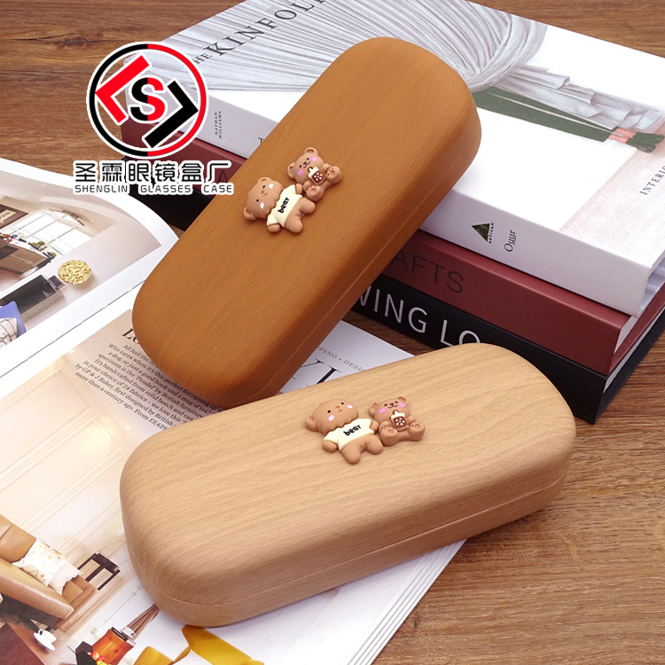 二百个小熊木纹眼镜盒抗压中长条便携女学生卡通男近视镜铁盒Logo
