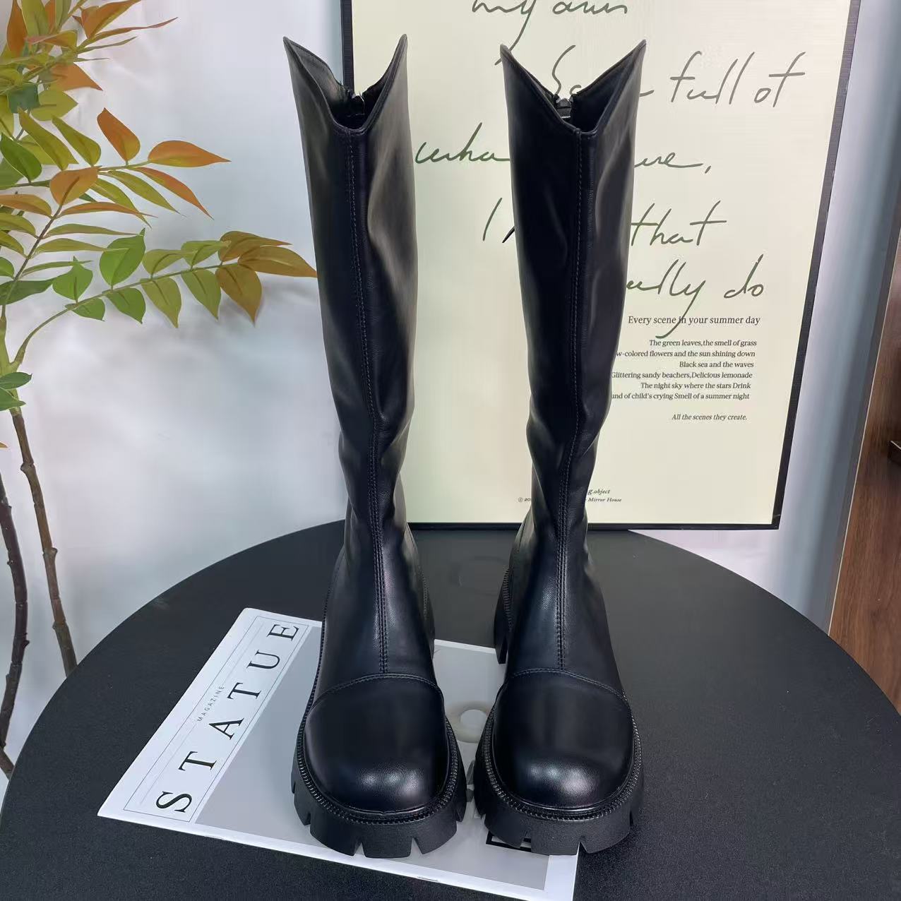 5752 黑色 长筒靴女2024秋冬新款V口高筒小筒围粗跟厚底长靴真皮