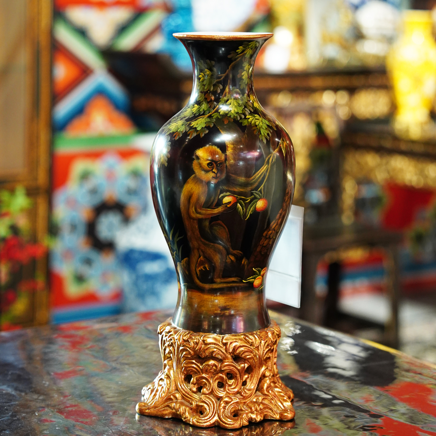 【本尼家】YS127法式中国风黑底手绘猴子装饰花瓶
