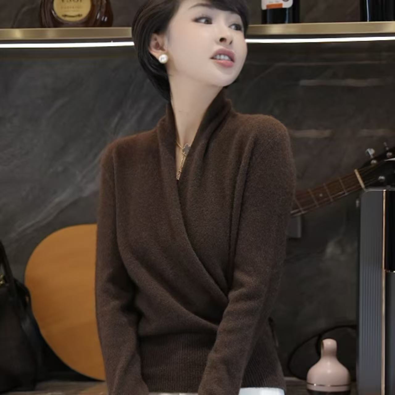 【100牦牛绒】纯天然不染色交叉领百搭针织衫 MG8503