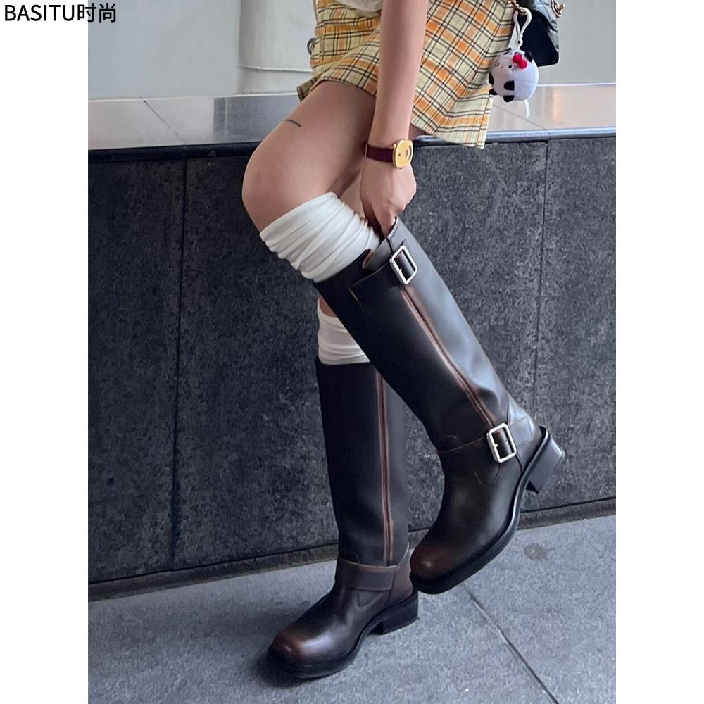 女靴秋冬新款方趾无膝骑士靴覆古风格西方靴抛光高筒靴