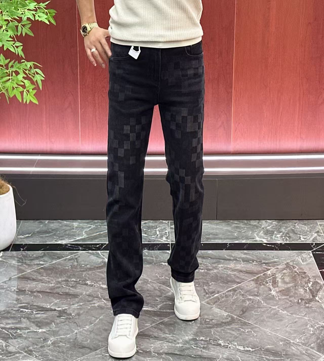 66393【牛仔裤】男士秋冬•高织高密高弹千鸟格小直筒牛仔裤•A6