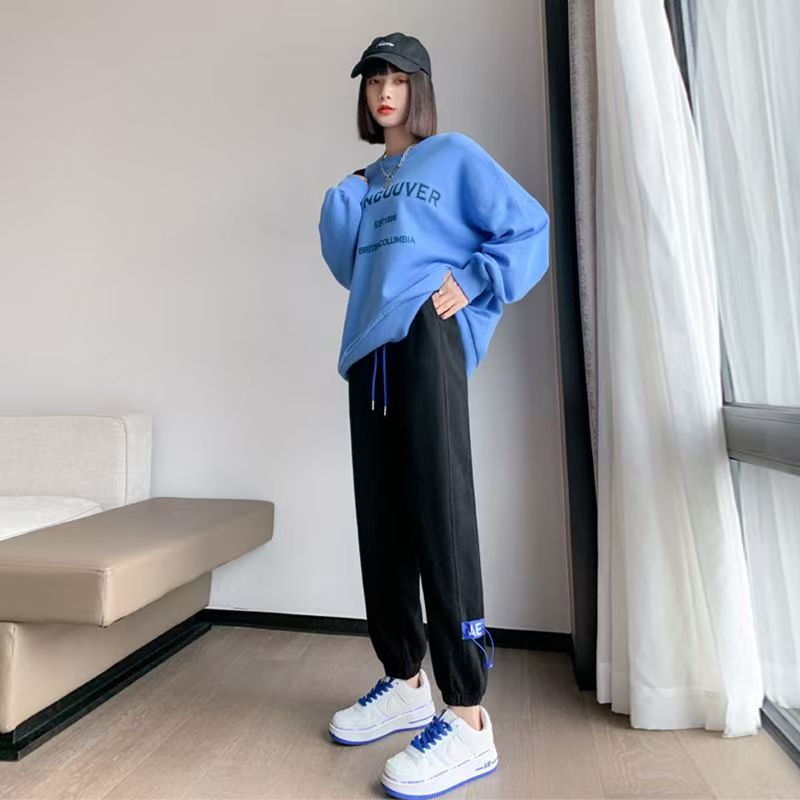 小个子休闲裤女款春秋薄款2024新款宽松版高腰显瘦黑色束脚运动裤