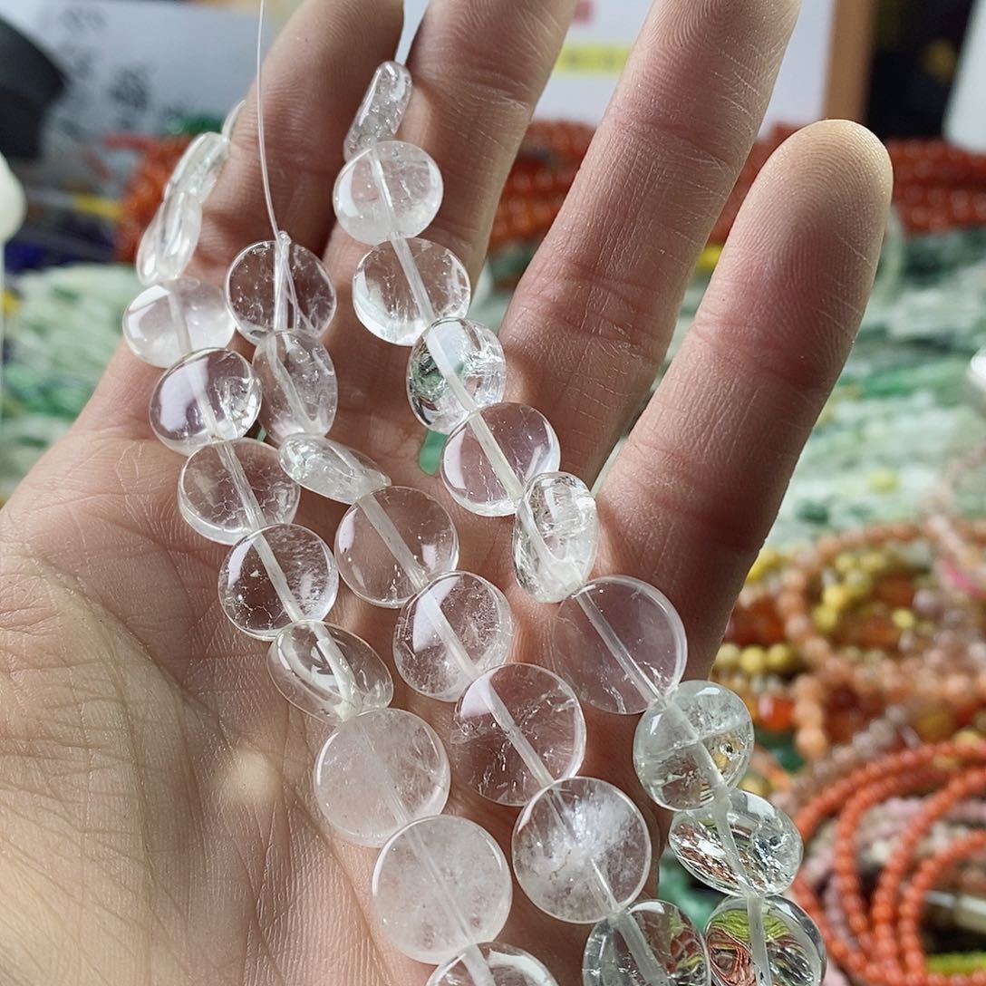 玛瑙/玉髓珠宝半成品合金一条天然4.5×12白水晶圆饼E08