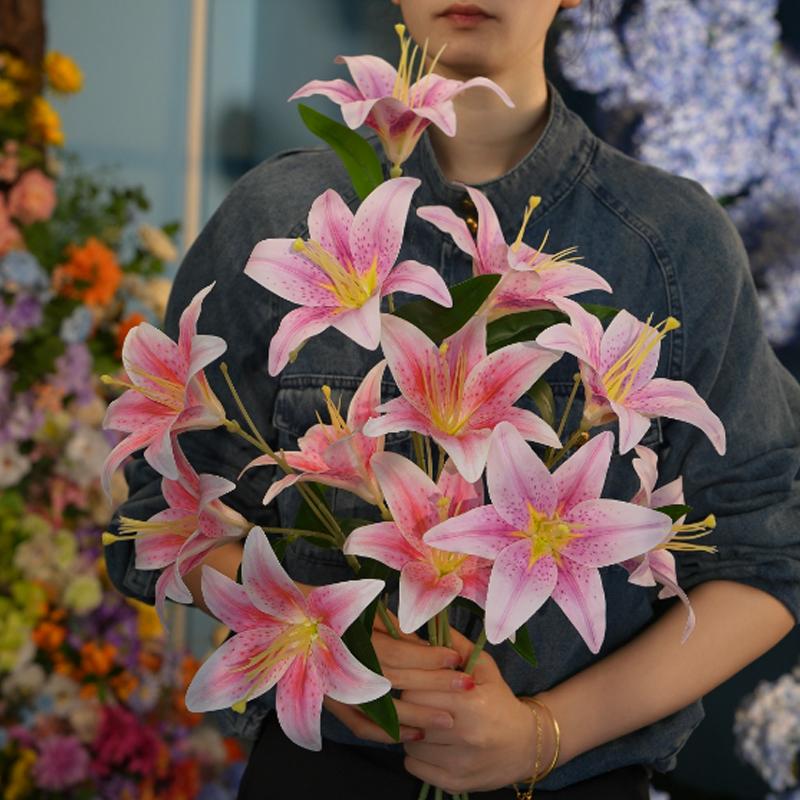 粉色百合 仿真三头油画小百合3D打印花 家居装饰假花插花