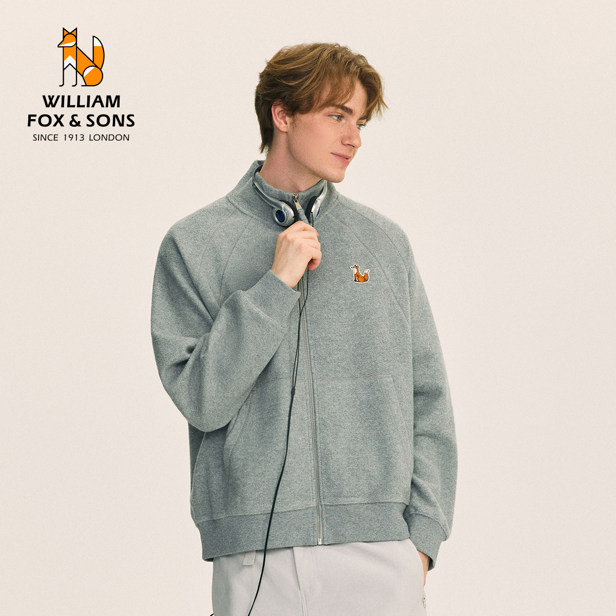 英国小狐狸复古毛圈针织插肩袖宽松开衫立领卫衣外套男