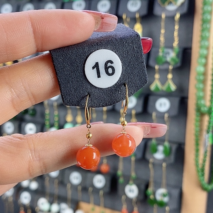 南红玛瑙耳饰18K金镶嵌