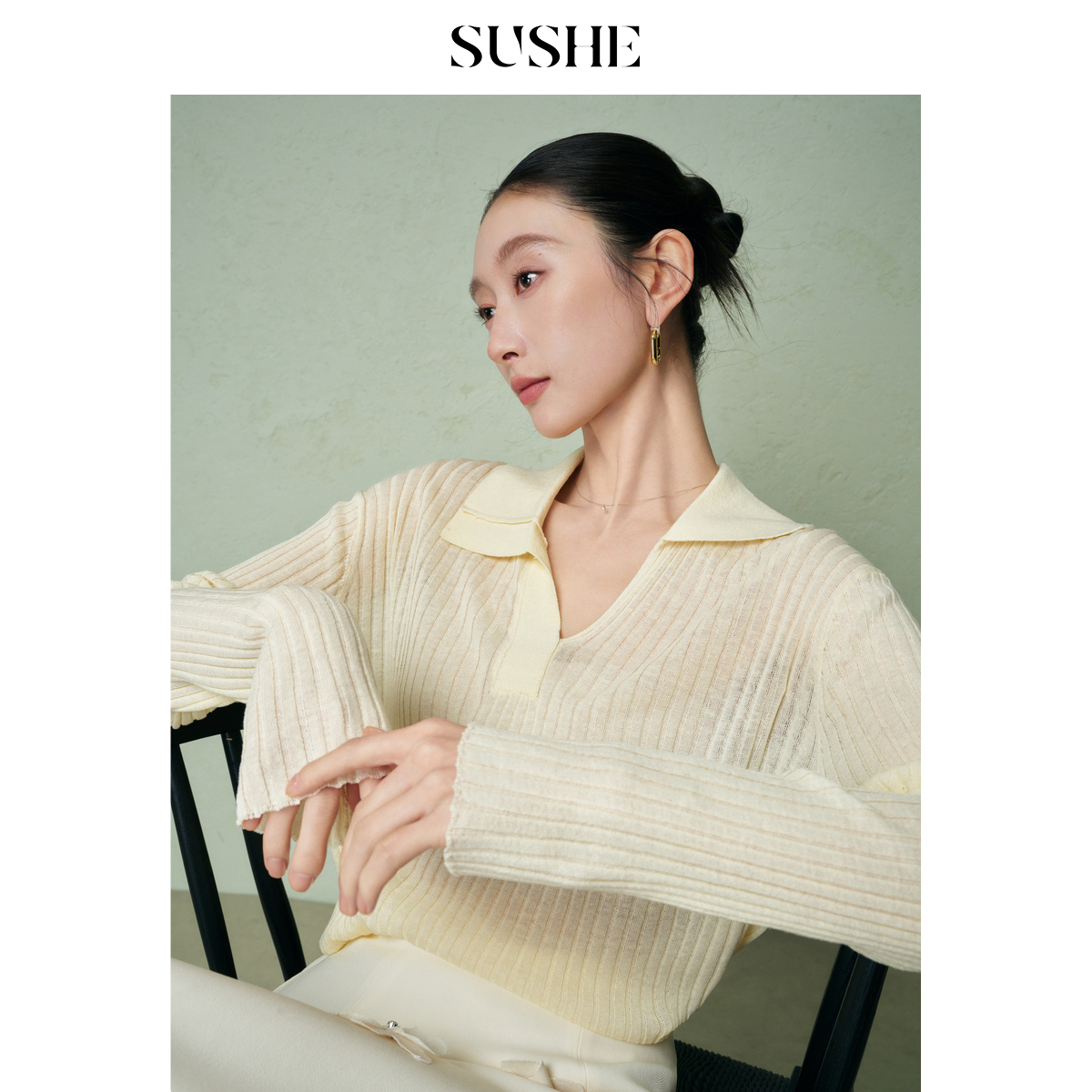 束皙SUSHE 暮穗 凉感天丝亚麻不规则高级翻领弹力针织衫上衣女春