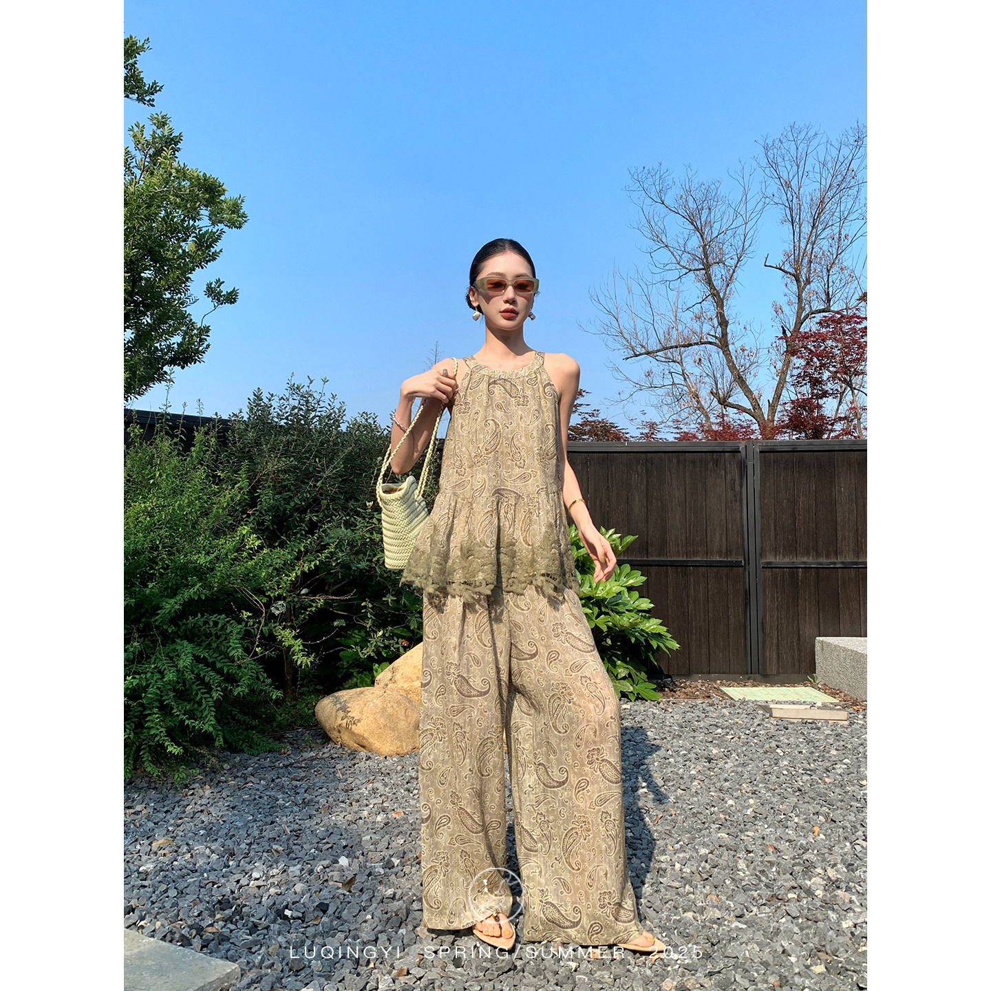 鹭青一原创【遐风】苎麻天丝腰果花度假风休闲T恤套装L25B1051L