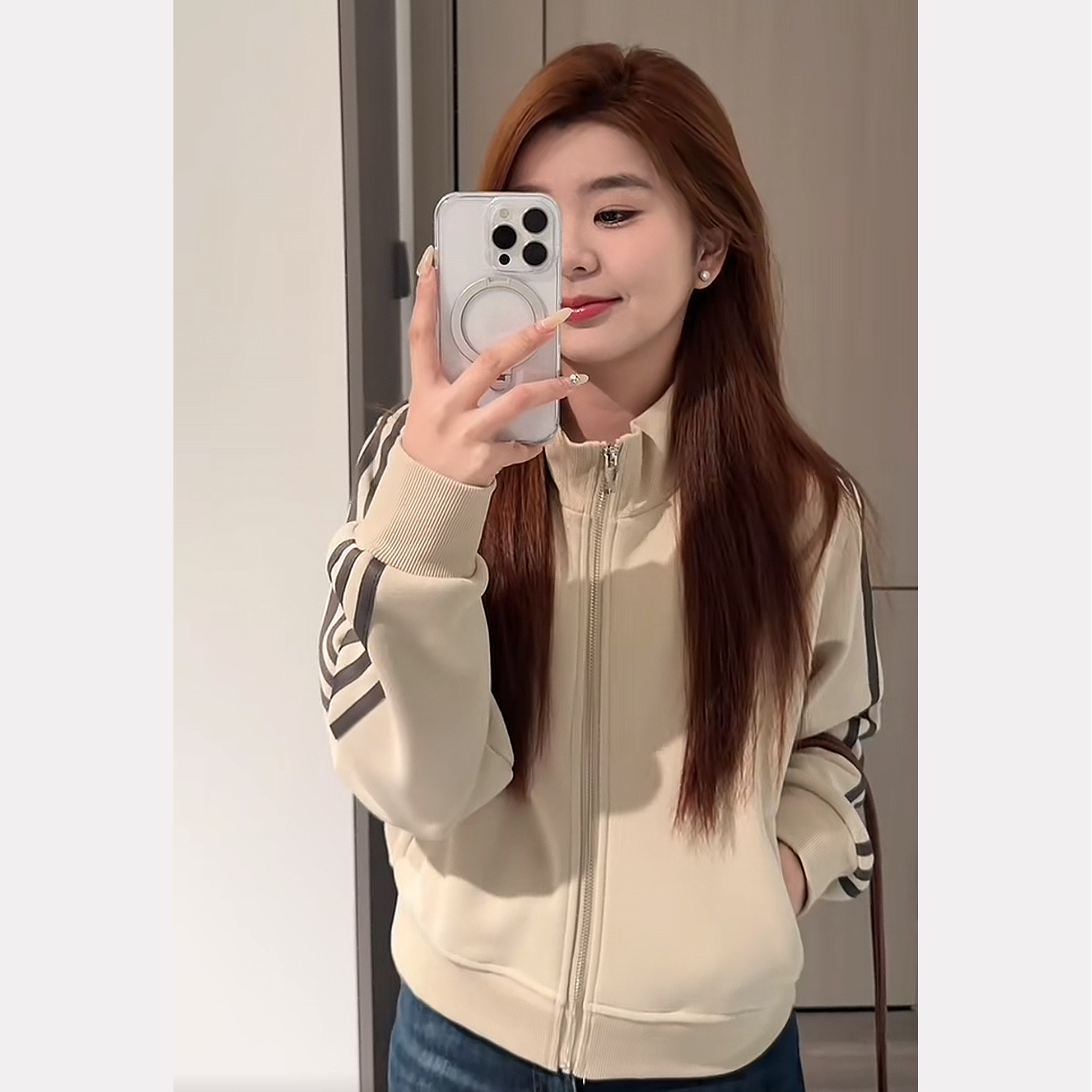 加绒立领卫衣女短款三条杠外套2025秋冬新款拉链上衣开衫小个子款