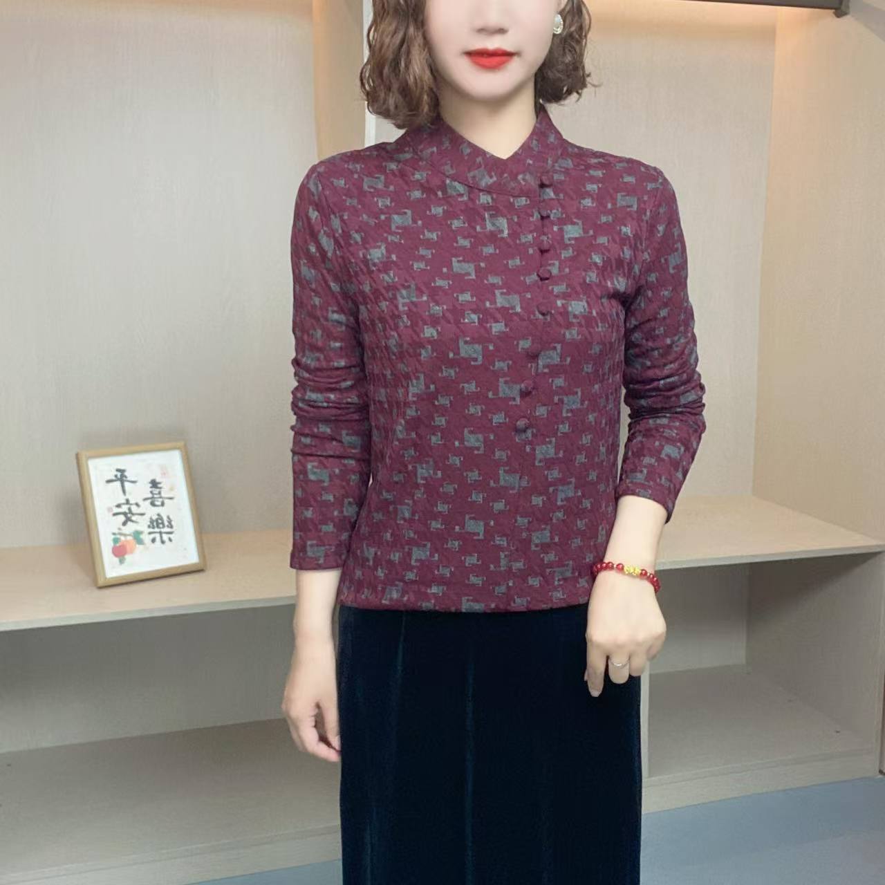 秋冬新品印花时尚新中式斜领盘扣气质减龄百搭复古法式女装F18Q