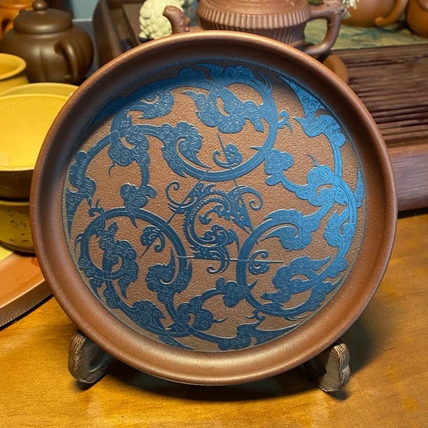 宜兴精品紫砂紫泥粉浆摆件干泡西汉云纹刻绘