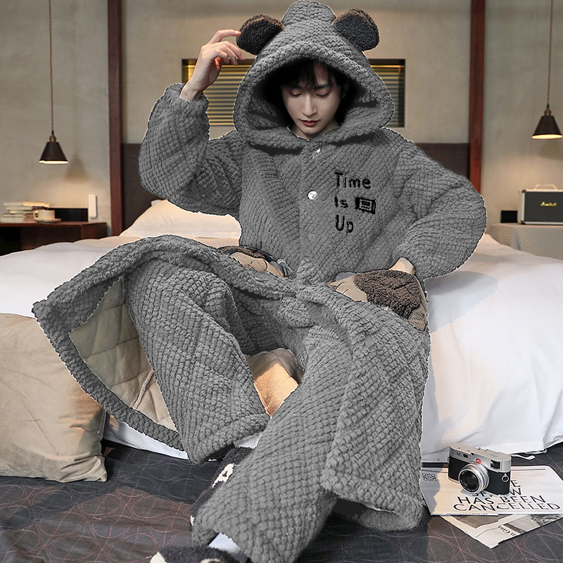 三层夹棉加厚睡袍冬季男士睡衣加厚加绒秋冬款珊瑚绒家居服 7821