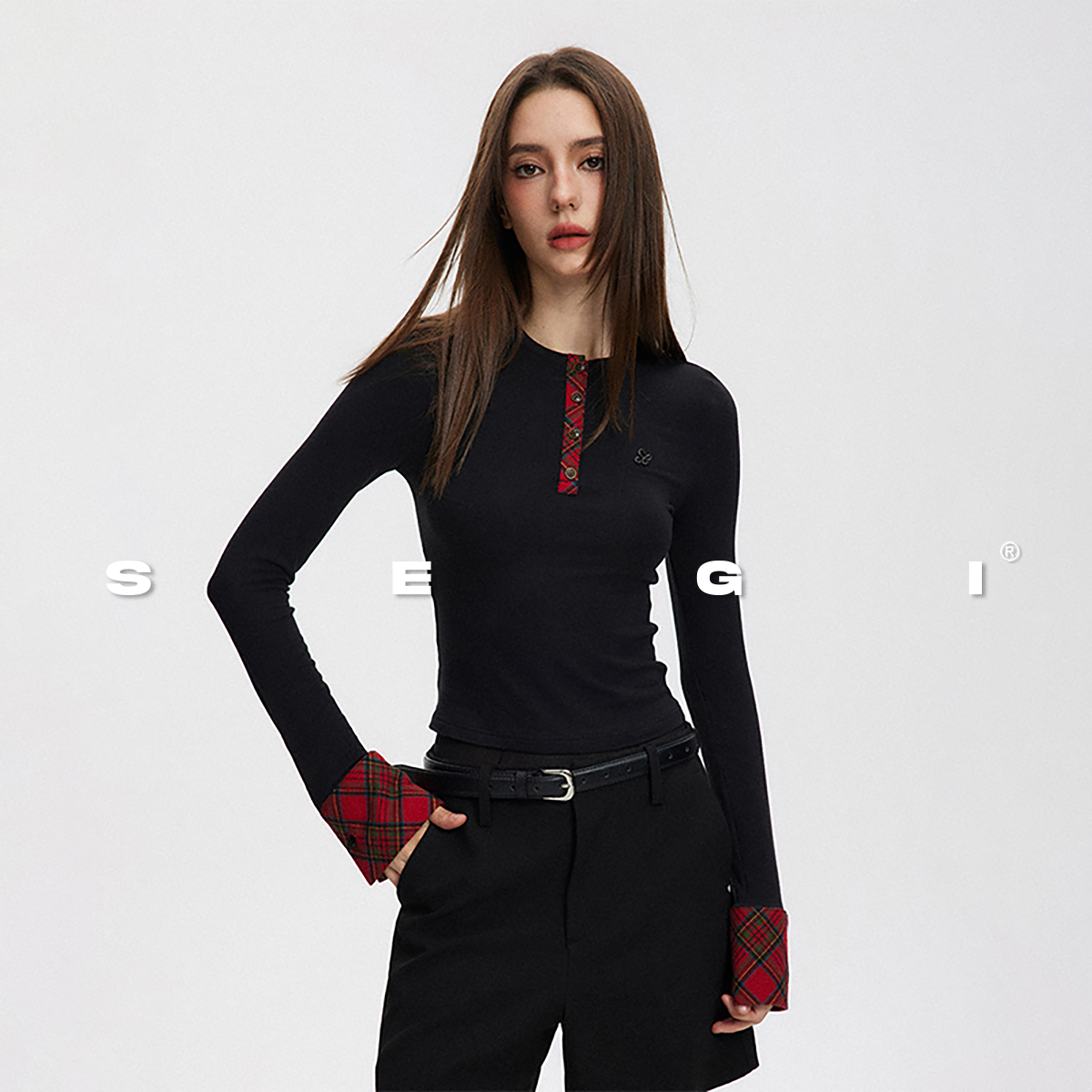 SEGI2024新款格纹格子拼接针织长袖打底衫女内外搭黑色长袖上衣