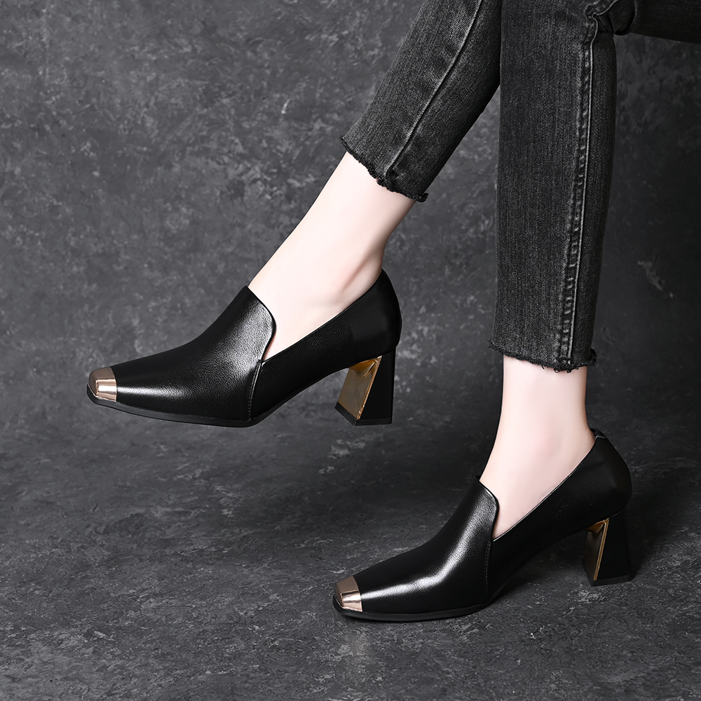 头层牛皮方头防踢铁包尖深口单鞋2025新款百搭高跟粗跟真皮女鞋