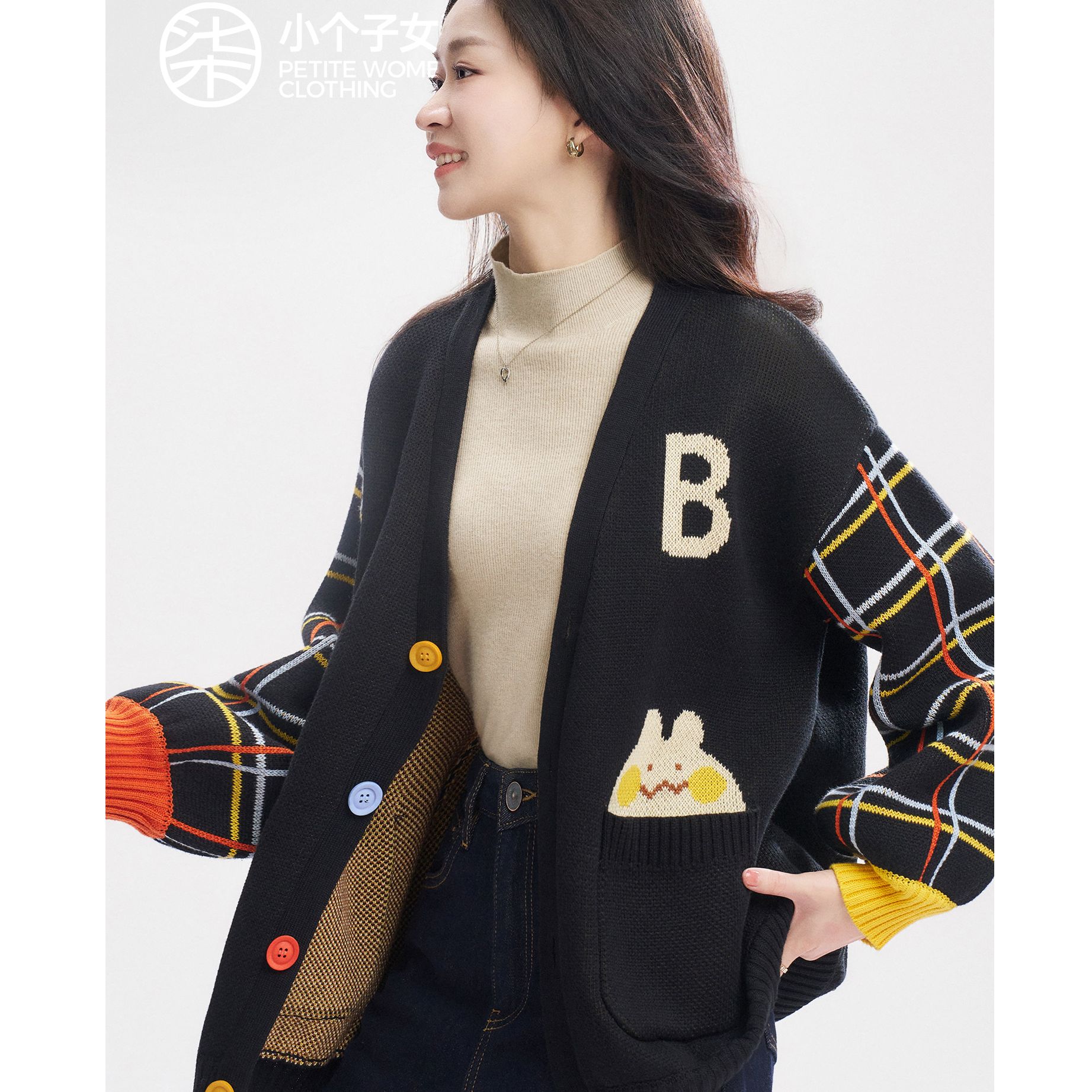 【柒量一裁】3665小个子纯棉黑色V领毛衣外套撞色条纹休闲上衣女冬