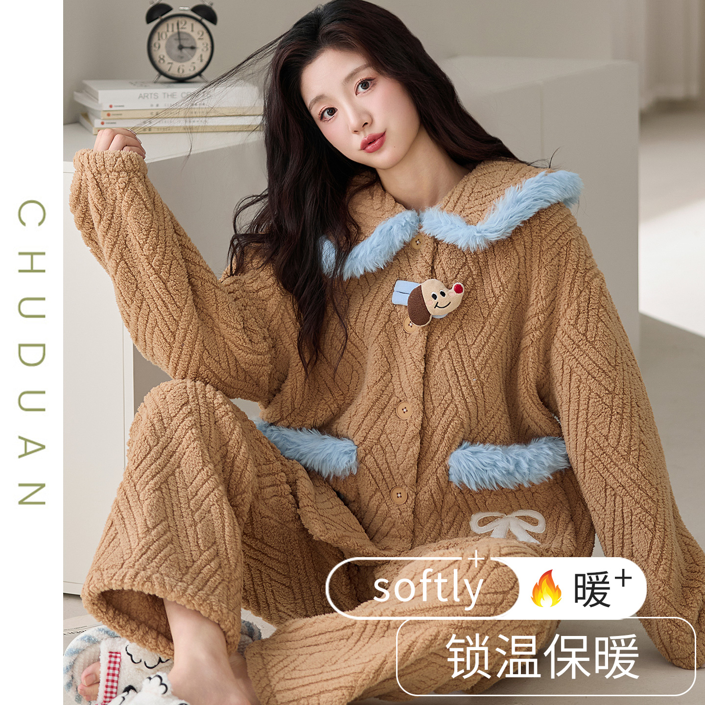 珊瑚绒睡衣女士秋冬季加厚保暖学生宽松冬款娃娃领大码家居服套装